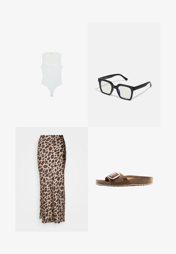 White bodysuit with a square neckline, sleeveless design, smooth texture, and snap closure at the bottom. Simple and minimalist style.; Leopard print midi skirt in smooth satin fabric. Features a fitted silhouette with a slight slit at the hem for movement. Neutral beige and brown.; Brown leather slide sandal with a wide strap, a metal buckle accent, and a contoured cork footbed on a textured rubber sole.; Black square sunglasses with a matte finish, featuring transparent lenses and a slight blue tint on one side. Robust, angular design.