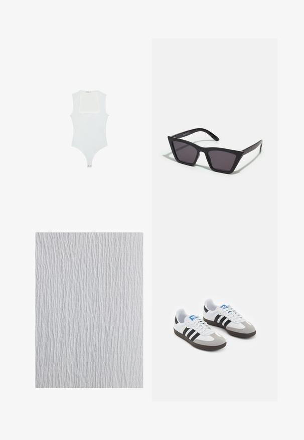 Weißer Body mit quadratischem Ausschnitt, ärmellosem Design, glatter Textur und Druckknopfverschluss am Boden. Schlichter und minimalistischer Stil.; Weißer strukturierter Stoff mit einem gewellten Muster, das vertikale Linien unterschiedlicher Dicke aufweist und insgesamt ein wellenförmiges Aussehen erzeugt.; Sportschuhe mit einem Obermaterial aus weißem Leder, grauer Wildleder-Zehenkappe und drei schwarzen Streifen. Sie verfügen über ein blaues Logo auf der Zunge und eine strukturierte Gummisohle.; Schwarze, eckige Sonnenbrille mit grauen Gläsern; aus Kunststoff gefertigt, mit dicken Bügeln, die eine glatte Oberfläche und keine sichtbaren Beschläge haben.; Schwarze Leder-Schultertasche mit geschwungener Form, einem flachen Tragegurt und einem oberen Reißverschluss. Glatte Textur mit minimalen Hardwaredetails.