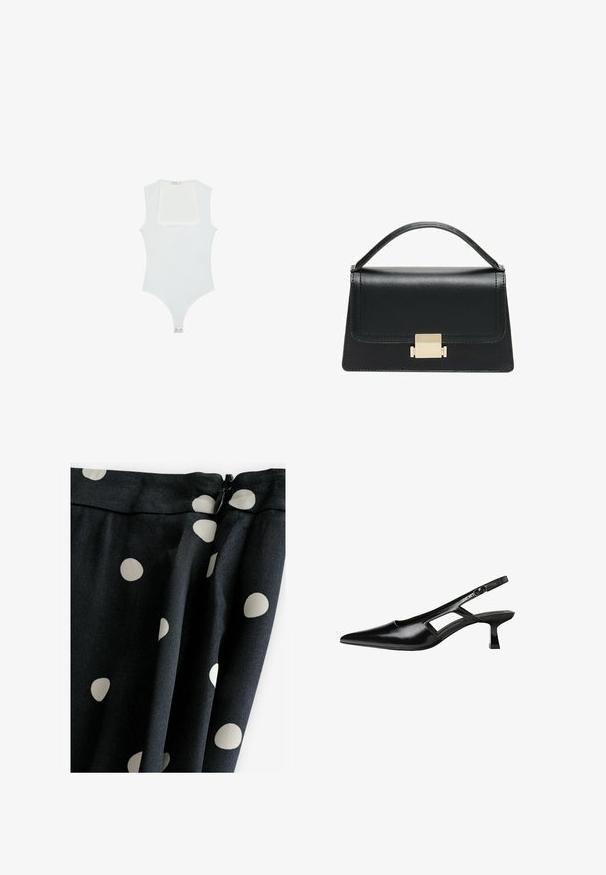 Biely body s hranatým výstrihom, bez rukávov, hladkou textúrou a patentom na dne. Jednoduchý a minimalistický štýl.; Čierna tkanina s veľkými smotanovými bodkami; hladká textura, zavesený dizajn a zips na vrchu.; Čierne lakované kožené lodičky na podpätku s špicatou špičkou, výrezovým dizajnom na boku a malým štvorcovým podpätkom. Hladký povrch s minimálnymi akcentmi.; Čierna kožená kabelka so štruktúrovaným prevedením, horným madlom a detailom zlatého kovového uzáveru na prednej strane. Hladká textura, minimálne šitie.