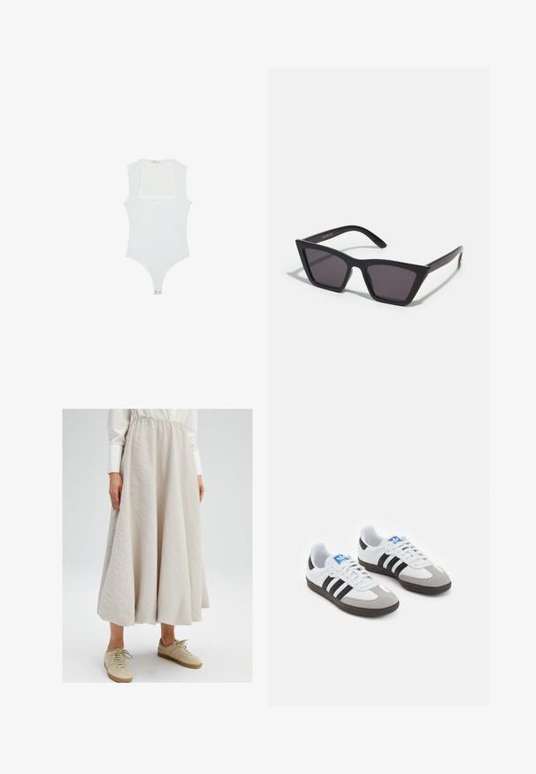 Hvid bodysuit med firkantet udskæring, uden ærmer, glat tekstur og trykknaplukning forneden. Enkel og minimalistisk stil.; Lys beige, knælangt nederdel lavet af tekstureret stof med elastisk talje, parret med brune sneakers for et afslappet look.; Sportsko med en overdel i hvid læder, grå ruskind på tåen og tre sorte striber. Har et blåt logo på tungen og en struktureret gummisål.; Sorte, kantede solbriller med grå linser; lavet af plast, med tykke stænger med en glat overflade og ingen synlig hardware.