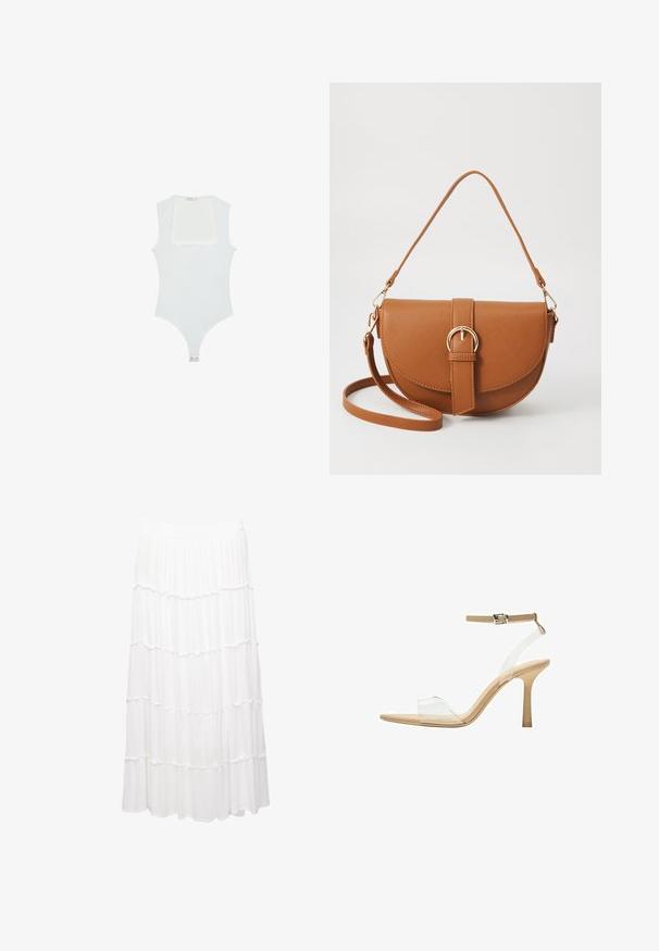 Witte bodysuit met een vierkante halslijn, mouwloos ontwerp, gladde textuur en drukknoopsluiting aan de onderkant. Eenvoudige en minimalistische stijl.; Witte gestapelde rok van lichtgewicht stof, met een rekbare tailleband, ruches en een vloeiende ontwerp dat tot halverwege de kuit reikt.; Heldere sandaal met een doorzichtige bovenkant, beige voetbed en een slanke enkelriem. Voorzien van een spitse neus en een dunne hoge hak.; Bruine leren schoudertas met een gebogen vorm, gouden hardware en een gespaccent. Bevat een afneembare schouderriem.