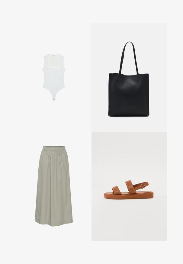 Body bianco con scollatura quadrata, design senza maniche, texture liscia e chiusura a pressione sul fondo. Stile semplice e minimalista.; Gonna verde chiaro, lunga fino al ginocchio, realizzata in tessuto morbido con vita elasticizzata, caratterizzata da un design arricciato e dettagli di cucitura discreti.; Sandali in pelle marrone con due cinturini larghi e un cinturino posteriore, caratterizzati da una suola piatta con dettagli di cucitura discreti e una fibbia in metallo.; Borsa tote in pelle nera con texture liscia, forma rettangolare e due manici lunghi. Nessun hardware o decorazione visibile.