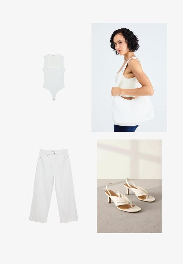 Weißer Body mit quadratischem Ausschnitt, ärmellosem Design, glatter Textur und Druckknopfverschluss am Boden. Schlichter und minimalistischer Stil.; Weiße Jeans im weit geschnittenen Design aus Denim mit hoher Taille, ausgestattet mit fünf Taschen und Metallbeschlägen. Glatte Textur, keine sichtbaren Muster.; Weiße Leder Slingback-Absätze mit gedrehtem Vorderdesign, offener Zehenpartie und einem Blockabsatz in mittlerer Höhe. Glatte Oberfläche und minimalistische Akzente.; Weißer Schultertasche aus glattem Material mit ovalem Ausschnitt und breitem Tragegurt. Einfach und modern, ohne sichtbare Hardware.