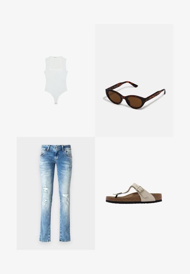 Body bianco con scollatura quadrata, design senza maniche, texture liscia e chiusura a pressione sul fondo. Stile semplice e minimalista.; Jeans in denim blu chiaro con una vestibilità rilassata, caratterizzati da dettagli strappati, una chiusura con bottoni a due pulsanti e gamba dritta.; Infradito con suola in sughero e upper sintetico beige dotato di una fascia e fibbia regolabile. Suola in gomma nera. Design piatto.; Occhiali da sole tartarugati marroni con forma vintage a occhio di gatto e lenti marroni. Presentano bracci curvi con accenti rossi.; Orecchini a cerchio in oro con una finitura liscia e lucida. Design circolare con un piccolo perno e una chiusura trasparente per un indosso sicuro.