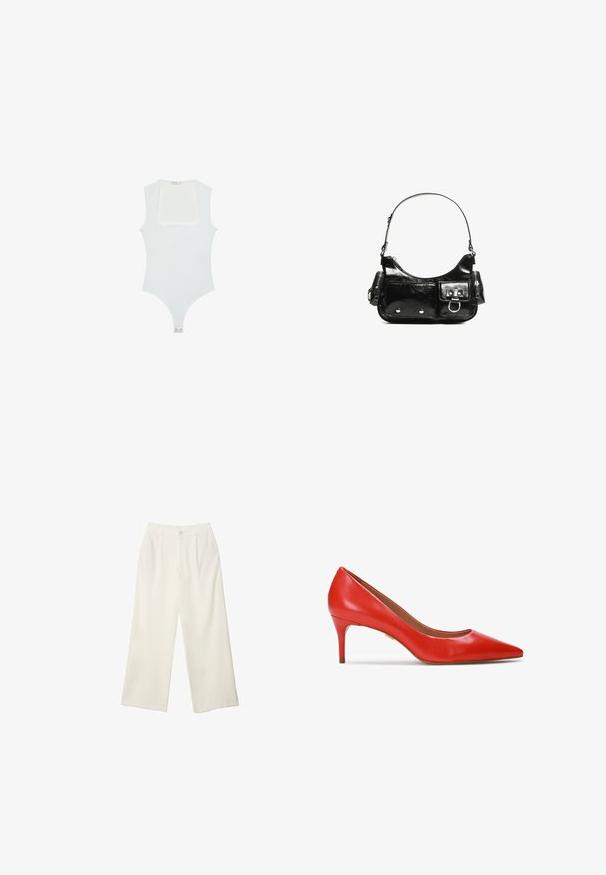Bela bodisu s kvadratnim izrezom, brezrokavni dizajn, gladka tekstura in zapiranje na dnu s pritisnim gumbom. Preprost in minimalističen slog.; Hlače širokih nogavic iz kremaste tkanine z gladko teksturo, z enim sprednjim gumbom, diskretnimi plisami in visokim pasom.; Rdeče usnjene čevlje z visokim petami in koničastim nosom, z vitkim 2,5-palčnim peto. Gladka tekstura z minimalnimi detajli in strukturirano silhueto.; Črna lakasta usnjena torbica s ukrivljeno obliko, enim ramenskim trakom, sprednjimi žepi in srebrnimi kovinskimi dodatki.