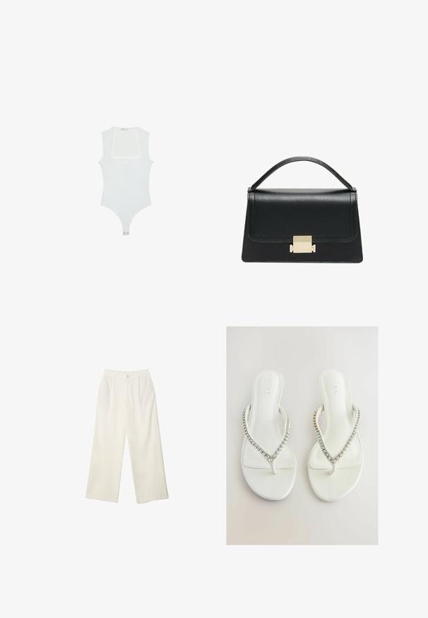 Bijela bodi s kvadratnim izrezom, bez rukava, glatke teksture i kopčanjem na dnu. Jednostavan i minimalistički stil.; Hlače širokih nogavica od kremaste tkanine s glatkom teksturom, s jednim prednjim gumbom, suptilnim plitvicama i visokim strukom.; Bijele japanke s glatkom teksturom, s V-oblikom remenom ukrašenim prozirnim, sjajnim cirkonima. Jednostavan i elegantan dizajn.; Crna kožna torba s strukturiranim dizajnom, gornjom drškom i zlatnim metalnim kopčanjem na prednjoj strani. Glatka tekstura, minimalno šivanje.