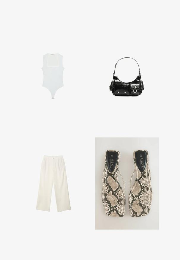 Bela bodisu s kvadratnim izrezom, brezrokavni dizajn, gladka tekstura in zapiranje na dnu s pritisnim gumbom. Preprost in minimalističen slog.; Hlače širokih nogavic iz kremaste tkanine z gladko teksturo, z enim sprednjim gumbom, diskretnimi plisami in visokim pasom.; Ploski sandali z motivom kačje kože v odtenkih bež in sivo, s thong dizajnom in gladkim črnim podplatom, označenim z "NEXT."; Črna lakasta usnjena torbica s ukrivljeno obliko, enim ramenskim trakom, sprednjimi žepi in srebrnimi kovinskimi dodatki.