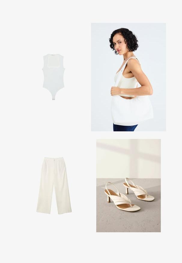 Weißer Body mit quadratischem Ausschnitt, ärmellosem Design, glatter Textur und Druckknopfverschluss am Boden. Schlichter und minimalistischer Stil.; Helle Stoffhose mit weitem Bein und glatter Textur, ausgestattet mit einem einzelnen Knopf vorne, dezenten Falten und einem Hochbund-Design.; Weiße Leder Slingback-Absätze mit gedrehtem Vorderdesign, offener Zehenpartie und einem Blockabsatz in mittlerer Höhe. Glatte Oberfläche und minimalistische Akzente.; Weißer Schultertasche aus glattem Material mit ovalem Ausschnitt und breitem Tragegurt. Einfach und modern, ohne sichtbare Hardware.