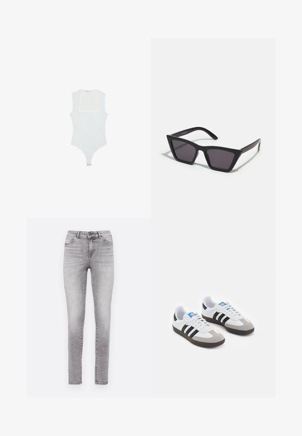 Bijela bodi s kvadratnim izrezom, bez rukava, glatke teksture i kopčanjem na dnu. Jednostavan i minimalistički stil.; Mršave traperice u izblijedjeloj sivoj boji, izrađene od denima. Imaju zatvaranje na gumbe i patentni zatvarač, pet džepova i suptilan efekt izgužvanosti.; Sportske cipele s gornjištem od bijele kože, sivi suedinasti nos i tri crne pruge. Imaju plavi logo na jeziku i teksturiranu gumenu podlogu.; Crne, uglaste sunčane naočale sa sivoj lećama; izrađene od plastike, imaju debele nogice s glatkom površinom i bez vidljivih metalnih dijelova.