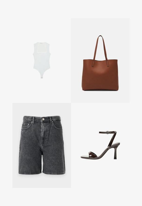 Un body blanc avec un encolure carrée, sans manches, texture lisse et fermeture à pression au bas. Style simple et minimaliste.; Shorts en denim noir délavé avec passants de ceinture, bouton avant, fermeture éclair, et design classique à cinq poches.; Sandale à talon haut en cuir verni marron avec une bride de cheville, bout ouvert et un design épuré et minimaliste. Présente un talon carré.; Sac fourre-tout en cuir marron avec une texture lisse, design à ouverture supérieure et deux poignées pour le porter à l'épaule. Présente des coutures minimales et aucun matériel visible.