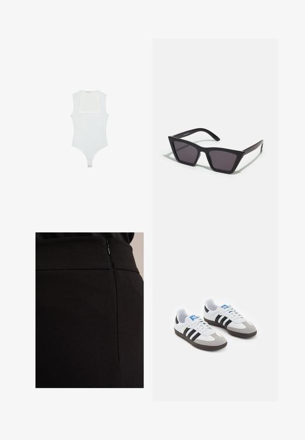 Bijela bodi s kvadratnim izrezom, bez rukava, glatke teksture i kopčanjem na dnu. Jednostavan i minimalistički stil.; Crna suknja s teksturiranim materijalom, skrivenim patentnim zatvaračem sa strane i glatkim pojasom za elegantan izgled.; Sportske cipele s gornjištem od bijele kože, sivi suedinasti nos i tri crne pruge. Imaju plavi logo na jeziku i teksturiranu gumenu podlogu.; Crne, uglaste sunčane naočale sa sivoj lećama; izrađene od plastike, imaju debele nogice s glatkom površinom i bez vidljivih metalnih dijelova.; Crna kožna torba za rame sa zakrivljenim oblikom, jednom ravnom trakom i gornjim zatvaračem na patentni zatvarač. Glatka tekstura s minimalnim detaljima hardvera.