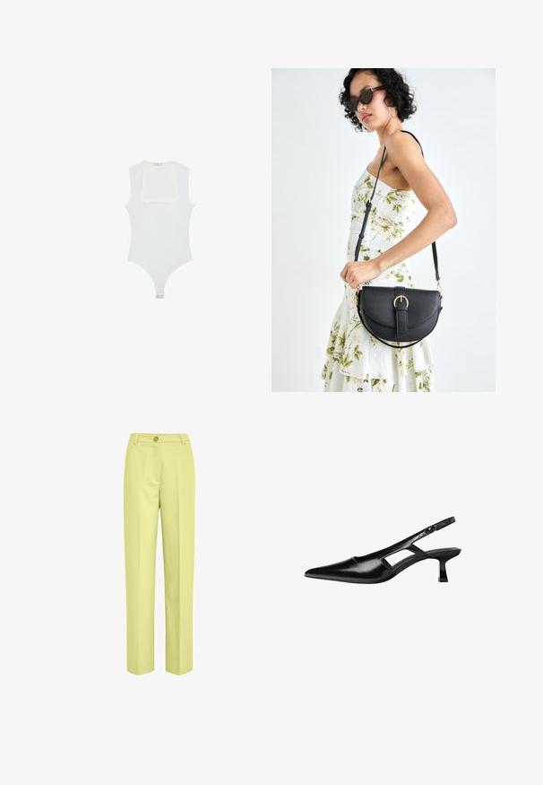 Body bianco con scollatura quadrata, design senza maniche, texture liscia e chiusura a pressione sul fondo. Stile semplice e minimalista.; Pantaloni larghi di colore giallo chiaro realizzati in tessuto morbido, con chiusura a un bottone e design frontale piatto.; Tacchi slingback in pelle verniciata nera con punta affusolata, design con tagli laterali e tacco quadrato piccolo. Texture liscia con dettagli minimi.; Borsa a tracolla nera in pelle con una forma curva, manico rimovibile e accessori dorati. La borsa presenta una patta con un dettaglio a fibbia.