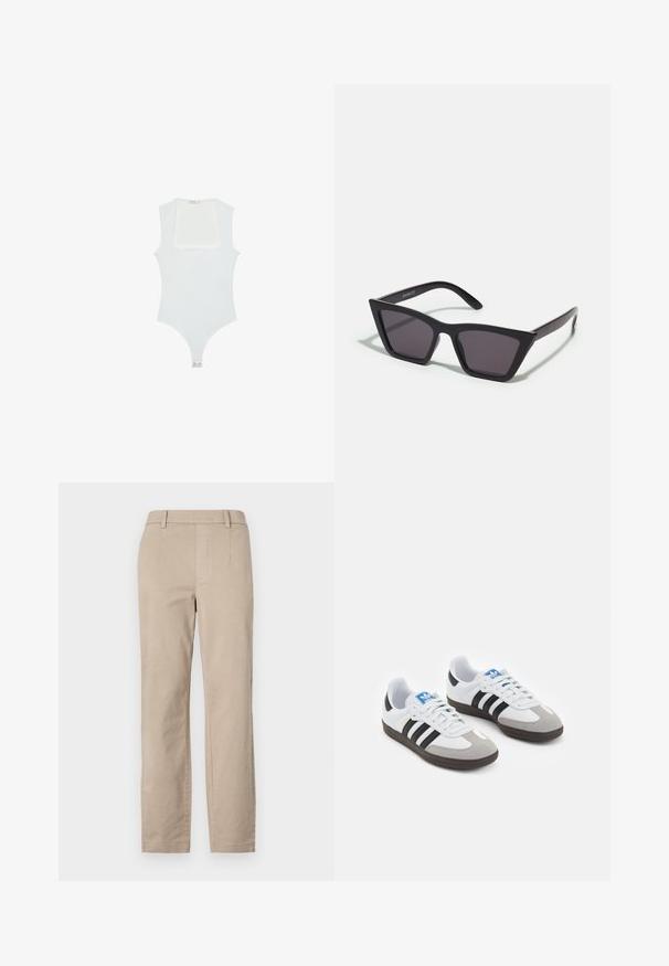 Witte bodysuit met een vierkante halslijn, mouwloos ontwerp, gladde textuur en drukknoopsluiting aan de onderkant. Eenvoudige en minimalistische stijl.; Beige katoenen broeken met een rechte pijpontwerp, voorzien van riemlussen en zonder zichtbare versieringen of patronen.; Sportschoenen met een witte leren bovenkant, grijze suède neus en drie zwarte strepen. Bevat een blauw logo op de tong en een gestructureerde rubberen zool.; Zwarte, hoekige zonnebril met grijze lenzen; gemaakt van plastic, met dikke armen met een gladde oppervlakte en zonder zichtbare hardware.