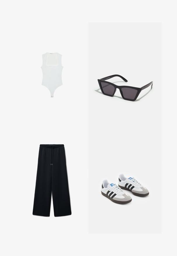 Weißer Body mit quadratischem Ausschnitt, ärmellosem Design, glatter Textur und Druckknopfverschluss am Boden. Schlichter und minimalistischer Stil.; Schwarze weite Hosen aus weichem Stoff mit elastischem Bund und Kordelzug. Sie verfügen über eine glatte Textur und bieten einen lockeren Sitz.; Sportschuhe mit einem Obermaterial aus weißem Leder, grauer Wildleder-Zehenkappe und drei schwarzen Streifen. Sie verfügen über ein blaues Logo auf der Zunge und eine strukturierte Gummisohle.; Schwarze, eckige Sonnenbrille mit grauen Gläsern; aus Kunststoff gefertigt, mit dicken Bügeln, die eine glatte Oberfläche und keine sichtbaren Beschläge haben.