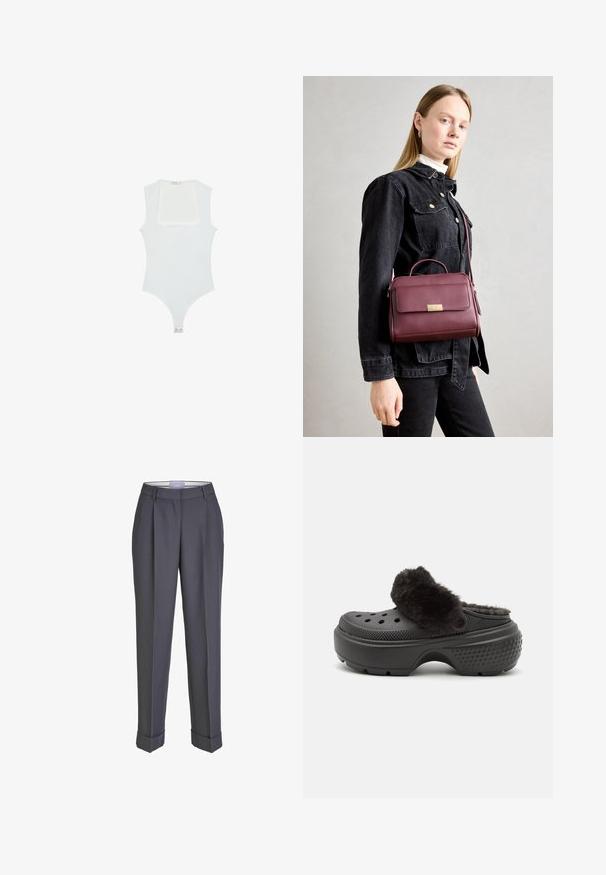 Bílý body s čtvercovým výstřihem, bez rukávů, hladkým povrchem a patentkami na dně. Jednoduchý a minimalistický styl.; Tmavě šedé kalhoty na míru s rovnou nohavicí, sklady vpředu a ohrnutými lemy. Vyrobené z hladké tkaniny, s klasickým pasem.; Černé dřeváky s měkkým, hebkým horním páskem, se spoustou perforací na přední části a texturovaným podpatkem pro lepší přilnavost. Lehké a snadno obouvatelné.; Burgundská kožená kabelka se zlatým zapínáním, strukturovaný tvar, horní rukojeť a nastavitelný ramenní popruh. Modelka má na sobě džínovou bundu.