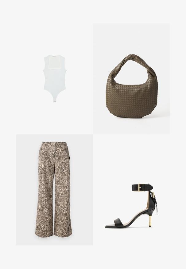 Weißer Body mit quadratischem Ausschnitt, ärmellosem Design, glatter Textur und Druckknopfverschluss am Boden. Schlichter und minimalistischer Stil.; Leopardenmuster-weite Hosen in Tan- und Brauntönen aus einem weichen Stoff, mit Seitentaschen und einem Knopfverschluss an der Taille.; Schwarze Leder-Absatzsandale mit quadrater Zehenform, Fesselriemen mit einer goldenen Schnalle und einem schlanken, metallischen Absatz. Glatte Textur, minimalistisches Design.; Geflochtene olivgrüne Handtasche mit runder Form und gedrehter Tragegriff. Strukturiert Oberfläche mit diagonaler Musterung. Reißverschlussverschluss.