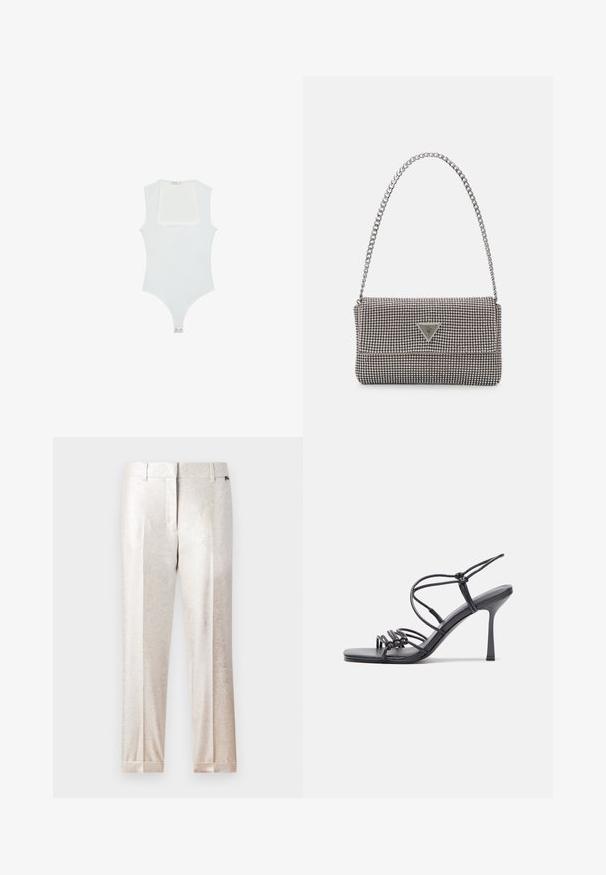 Hvid bodysuit med firkantet udskæring, uden ærmer, glat tekstur og trykknaplukning forneden. Enkel og minimalistisk stil.; Skinnende, lyse bukser med en glat, metallisk tekstur. Har en lige pasform med skarpe plisseringer og en foldet kant.; Sorte højhælede sandaler med tynde stropper og en knyttet design, en glat firkantet tå og en slank stiletto hæl.; Lys grå metallisk håndtaske med kædestrop, dekoreret med små runde metalliske studs og et trekantet brandlogo.; Sølv hoop øreringe med en glat, skinnende overflade. Rundet form, letvægtsdesign med post-back lukning.