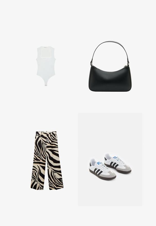 White bodysuit with a square neckline, sleeveless design, smooth texture, and snap closure at the bottom. Simple and minimalist style.; Black and white zebra print wide-leg trousers with pleats, featuring a smooth texture and a high waist for comfort.; Sport shoes with a white leather upper, gray suede toe, and three black stripes. Features a blue logo on the tongue and a textured rubber sole.; Black leather shoulder bag with a curved shape, single flat strap, and a top zipper closure. Smooth texture with minimal hardware details.