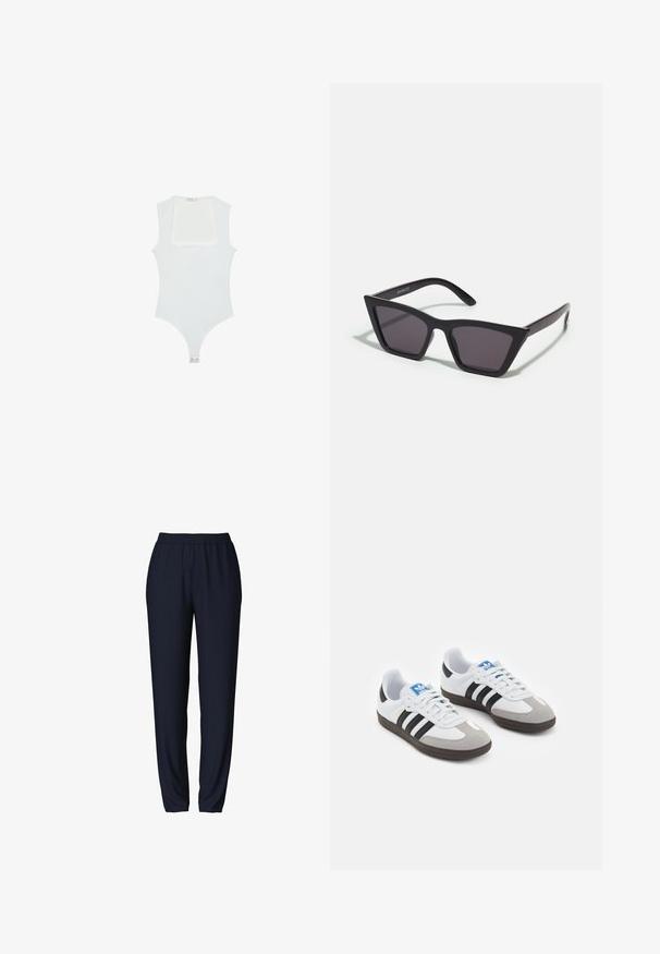 Vitt bodysuit med fyrkantig halsringning, ärmlös design, slät textur och tryckknappsstängning i botten. Enkel och minimalistisk stil.; Marinblå sweatpants med elastisk midja, tapered ben design och slät textur. Lämpliga för vardags- eller sportklädsel.; Sportskor med överdel i vit läder, grå mocka på tårna och tre svarta ränder. Har en blå logotyp på tungan och en texturerad gummisula.; Svarta, vinklade solglasögon med grå linser; tillverkade av plast, med tjocka skalmar med en slät yta och utan synlig hårdvara.; Svart läderaxelväska med en böjd form, enkel platt rem och dragkedja upptill. Slät yta med minimala detaljer i metall.