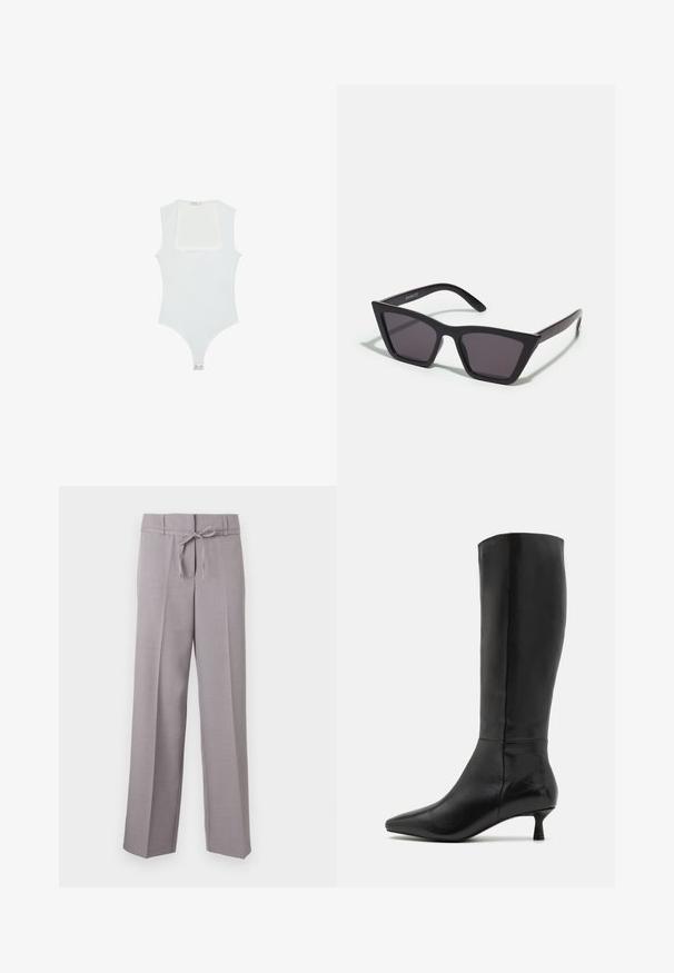 Biały body z kwadratowym dekoltem, bez rękawów, gładką fakturą i zapięciem na napy na dole. Prosty i minimalistyczny styl.; Jasnoszare, szerokie spodnie o miękkiej teksturze, wyposażone w elastyczny pasek z troczkiem oraz zaszewki, które nadają im strukturalny fason.; Zign - Kozaki; Czarne, kanciaste okulary przeciwsłoneczne z szarymi soczewkami; wykonane z plastiku, z grubymi zausznikami o gładkiej powierzchni i bez widocznych elementów metalowych.; Czarna skórzana torba na ramię o zakrzywionym kształcie, z pojedynczym płaskim paskiem i zamknięciem na zamek błyskawiczny u góry. Gładka tekstura z minimalnymi detalami metalowymi.