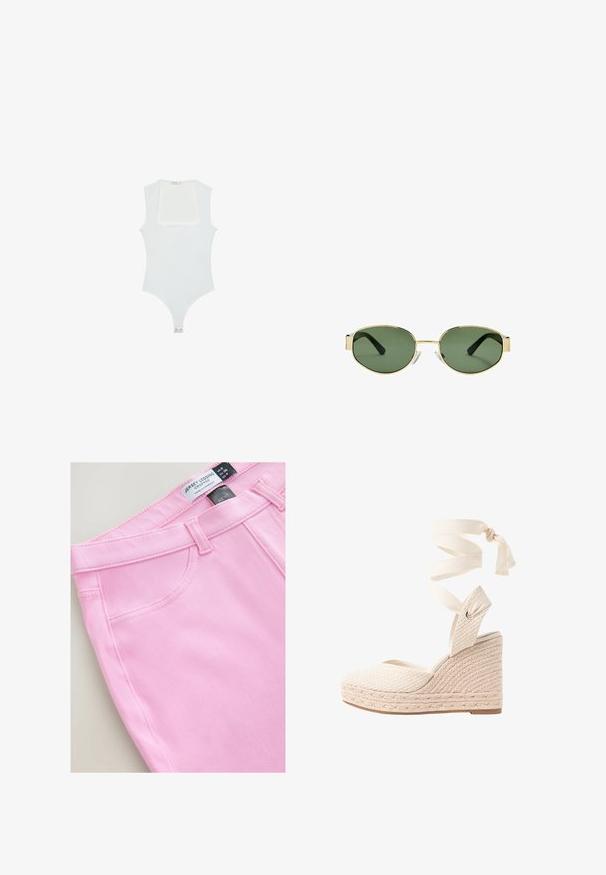Biely body s hranatým výstrihom, bez rukávov, hladkou textúrou a patentom na dne. Jednoduchý a minimalistický štýl.; Krátke ružové legíny z jersey materiálu s hladkou textúrou, štandardným pásom a bočnými vreckami. Na štítku sú uvedené veľkosť a značka.; Obuv na platforme s tkaným béžovým zvrškom, textilným obväzom na členku a opletenou juteovou platformou. Má uzatvorenú pätu a otvorenú špičku.; Slnko zlatohnedých kovových rámových okuliarov s zelenými tónovanými sklami, oválnym tvarom, čiernymi stranami a priehľadnými nosnými podložkami. Čistý, minimalistický dizajn.; Béžová kožená kabelka v polkruhovom tvare, vybavená odnímateľným ramenným popruhom, zlatými kovovými detailmi a embosovaným logom "Valentino".