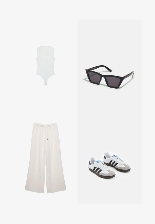 Hvid bodysuit med firkantet udskæring, uden ærmer, glat tekstur og trykknaplukning forneden. Enkel og minimalistisk stil.; Cremefarvede bredbenede bukser lavet af blødt stof, med elastisk talje, snørrebånd og sidelommer. Glat tekstur.; Sportsko med en overdel i hvid læder, grå ruskind på tåen og tre sorte striber. Har et blåt logo på tungen og en struktureret gummisål.; Sorte, kantede solbriller med grå linser; lavet af plast, med tykke stænger med en glat overflade og ingen synlig hardware.; Sort læder skuldertaske med en buet form, enkelt fladt rem og lynlås lukning øverst. Glat tekstur med minimale hardware detaljer.