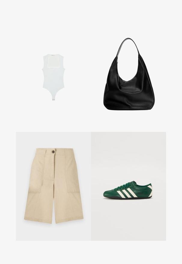 Hvid bodysuit med firkantet udskæring, uden ærmer, glat tekstur og trykknaplukning forneden. Enkel og minimalistisk stil.; Beige linnedeller med to sidelommer, en frontknaplukning, lige snit og en glat tekstur. Rent design uden mønstre.; Grønne lædersneakers med hvide striber, rund tå, snørremodel, sort sål og "adidas TOKYO" branding på siden.; Sort læder hobo taske med et afslappet design, bred skulderrem og glat tekstur. Har en enkelt lynlåslukning på siden.