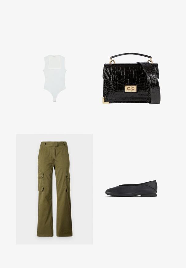 White bodysuit with a square neckline, sleeveless design, smooth texture, and snap closure at the bottom. Simple and minimalist style.; Olive green cargo pants made of cotton blend, featuring a straight leg design, two side pockets, and a button waist closure.; Black leather flat shoe with rounded toe and low heel, designed for casual or formal wear.; Black patent leather handbag with a crocodile texture, gold hardware, a top handle, and a detachable shoulder strap. Rectangular shape with a flap closure.