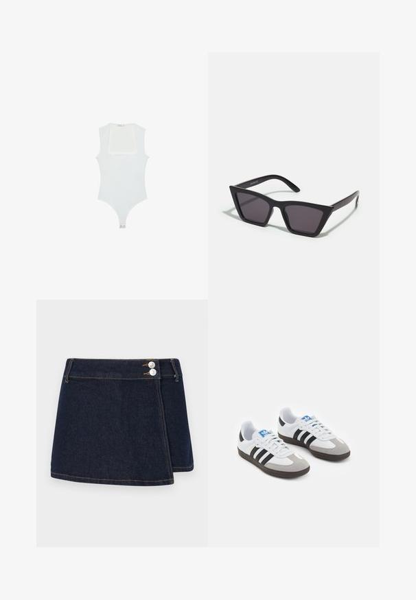 Valkoinen haalari, jossa on neliönmuotoinen pääntie, hihaton muotoilu, sileä pinta ja neppari alhaalla. Yksinkertainen ja minimalistinen tyyli.; Tummansininen farkkukuusihame, jossa on kietaisusuunnittelu, vyötäröllä kaksi hopeista nappia ja kontrastiväriset ompeleet helmaan ja saumoihin.; Urheilukengät, joissa on valkoinen nahkainen päällinen, harmaa mokkanokka ja kolme mustaa raitaa. Ominaisuuksina sininen logo kielekkeessä ja kuvioitu kumipohja.; Mustat, kulmikkaat aurinkolasit harmailla linsseillä; valmistettu muovista, paksuilla varsilla, joissa on sileä pinta ja ilman näkyvää metalliosaa.; Mustat nahkaolkalaukku, jossa on kaareva muoto, yksittäinen litteä hihna ja yläosan vetoketjukiinnitys. Tasainen pinta, jossa on minimaalinen metalliosien määrä.