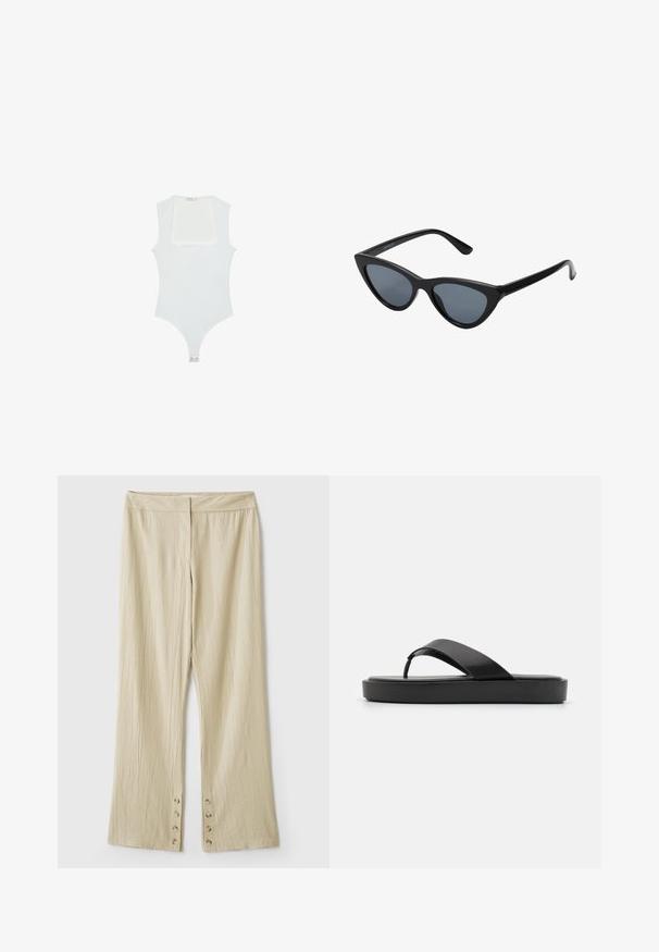 Valkoinen haalari, jossa on neliönmuotoinen pääntie, hihaton muotoilu, sileä pinta ja neppari alhaalla. Yksinkertainen ja minimalistinen tyyli.; Beige leveleistä housuja, joissa on teksturoitu kangas. Mukana litteä vyötärö ja viisi nappia helman sulkemiseen. Silitetty muotoilu.; Mustat flip-flop-sandaalit, joissa on sileä yläremmi ja teksturoitu pohja. Minimalistinen muotoilu matalalla profiililla.; Mustat kissaeye-aurinkolasit tumman harmailla linsseillä, tyylikäs muovikehys, terävät kulmat ja suorat templet. Ei näkyvää metalliosia tai koristuksia.; Musta nahkainen käsilaukku tekstuuripinnalla, solmittuja kahvoja korostamassa ja kultainen logo yksityiskohtana pohjassa. Ominaisuutena rennon muotoilu.