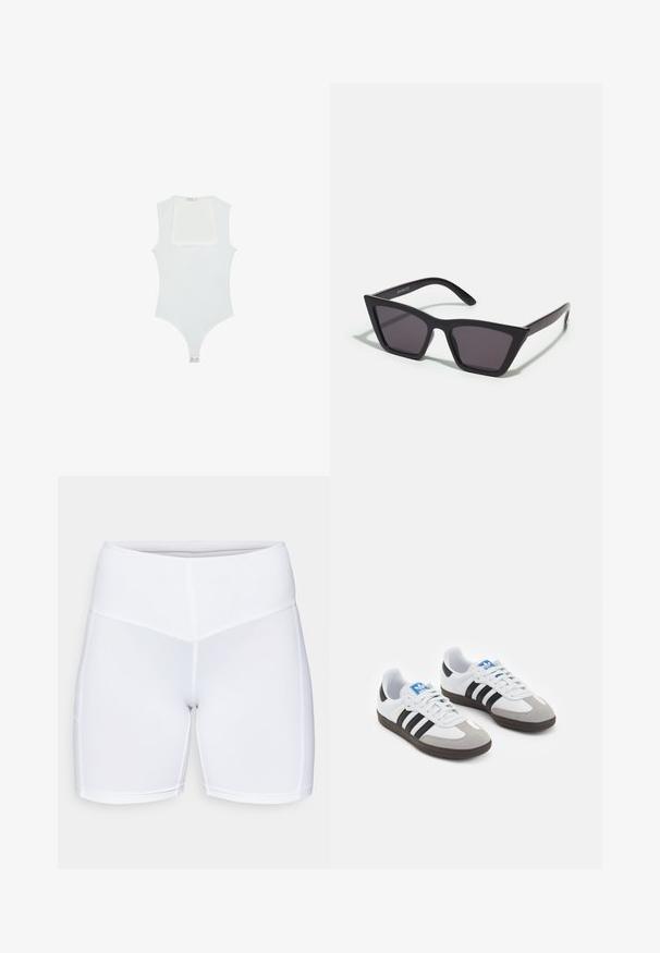 Valkoinen haalari, jossa on neliönmuotoinen pääntie, hihaton muotoilu, sileä pinta ja neppari alhaalla. Yksinkertainen ja minimalistinen tyyli.; Valkoiset urheilushortsit, jotka on valmistettu joustavasta kankaasta, ja joissa on korkea vyötärö sekä litteät saumat. Sujuva pinta ilman näkyviä taskuja tai kuvioita.; Urheilukengät, joissa on valkoinen nahkainen päällinen, harmaa mokkanokka ja kolme mustaa raitaa. Ominaisuuksina sininen logo kielekkeessä ja kuvioitu kumipohja.; Mustat, kulmikkaat aurinkolasit harmailla linsseillä; valmistettu muovista, paksuilla varsilla, joissa on sileä pinta ja ilman näkyvää metalliosaa.; Mustat nahkaolkalaukku, jossa on kaareva muoto, yksittäinen litteä hihna ja yläosan vetoketjukiinnitys. Tasainen pinta, jossa on minimaalinen metalliosien määrä.