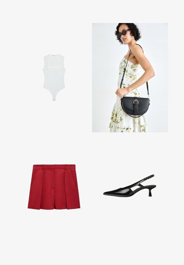 Bijela bodi s kvadratnim izrezom, bez rukava, glatke teksture i kopčanjem na dnu. Jednostavan i minimalistički stil.; Crvene krojene kratke hlače napravljene od lagane tkanine, s ravnim prednjim dijelom, dva bočna džepa i oštrim završetkom s nabranim detaljima.; Crne lakirane natikače na remenčić sa špicastim nosom, dizajnom sa izrezima sa strane i malim kvadratnim potplatom. Glatka tekstura s minimalnim akcentima.; Crna kožna torba s lukovitim oblikom, odvojivim remenom i zlatnim detaljima. Torba ima preklop s kopčom.