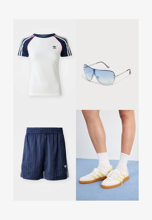 Biely bavlnený tričko s námorníckymi modrými rukávmi raglanového strihu, s tromi bielymi pruhmi a malým čiernym logom Adidas na hrudníku. Červené akcenty.; Námornícke modré šortky s bielymi vertikálnymi pruhmi, elastický pás, bočné vrecká a malé biele logo na ľavej strane. Hladká textúra látky.; Biele športové topánky so žltými pruhmi a gumovou podrážkou, vyrobené z sieťoviny a syntetickej kože. Nosia sa s bielymi ponožkami po členky na modrom povrchu.; Pilotné slnečné okuliare s prechodovým modrým sklom, strieborným kovovým rámom a ozdobnými hviezdičkovými akcentmi na sklách. Hladký a elegantný dizajn.