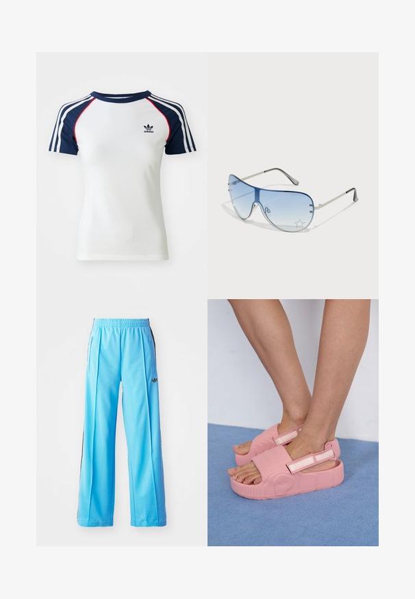 Tricou alb din bumbac cu mâneci raglan bleumarin, având trei dungi albe și un mic logo negru Adidas pe piept. Accente roșii.; Pantaloni atletici de culoare albastru deschis, cu un talie elastică, fermoare laterale și accente negre pe laterale. Material moale, cu un design lejer și pantaloni largi.; Saboturi din cauciuc roz, cu o parte superioară texturată, curea ajustabilă și o talpă groasă, evidențiind modele de valuri și un logo al mărcii pe lateral.; Ochelari de soare aviator cu lentilă gradient albastră, ramă metalică argintie și accente decorative sub formă de stele pe lentilă. Design neted și elegant.