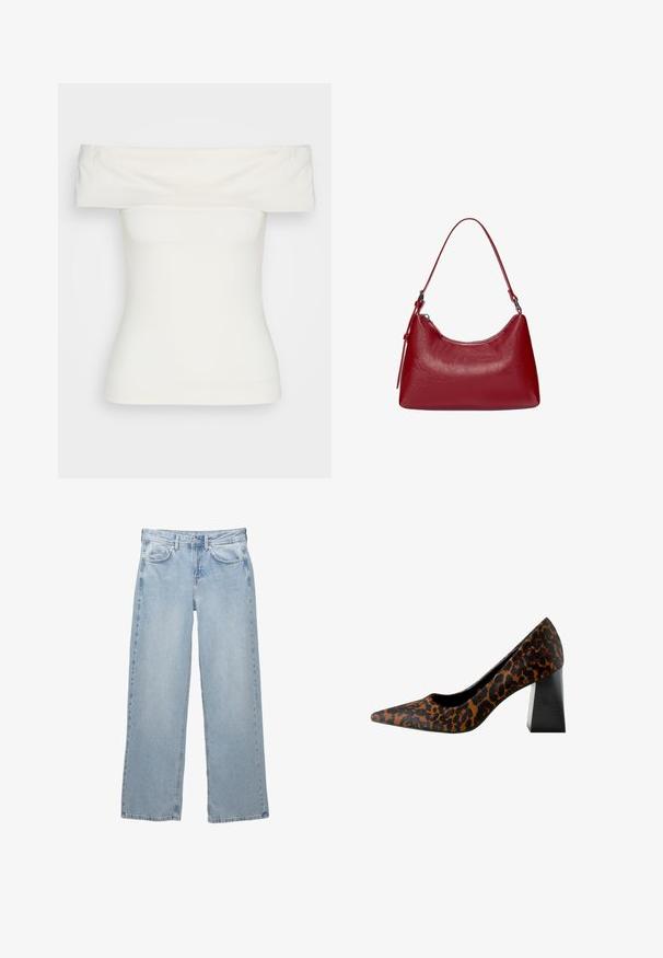 Bijela majica bez ramena izrađena od rastezljivog materijala, prilagođenog dizajna, glatke teksture s širokim izrezom i kratkim rukavima. Bez uzoraka ili akcenta.; Svijetloplave traperice širokog kroja, s patentnim zatvaračem i dugmetom, pet džepova i minimalnim šavnim detaljima.; Ženske cipele na visoku petu s špičastim prstima, smešane smeđe i crne boje sa uzorkom leopard, te debele crne blok petice na beloj pozadini.; Crvena kožna torba preko ramena s zakrivljenim dizajnom, glatkom teksturom i zatvaranjem na patentni zatvarač. Ima tanku dršku za nošenje.