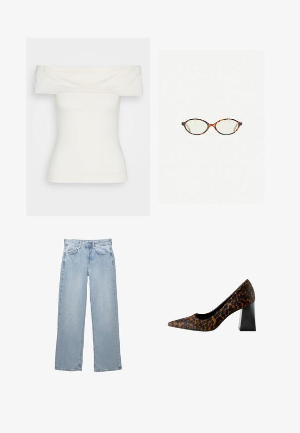 Bijela majica bez ramena izrađena od rastezljivog materijala, prilagođenog dizajna, glatke teksture s širokim izrezom i kratkim rukavima. Bez uzoraka ili akcenta.; Svijetloplave traperice širokog kroja, s patentnim zatvaračem i dugmetom, pet džepova i minimalnim šavnim detaljima.; Ženske cipele na visoku petu s špičastim prstima, smešane smeđe i crne boje sa uzorkom leopard, te debele crne blok petice na beloj pozadini.; Naočale u boji kornjače s ovalnim staklima i elegantnim, glatkim završetkom. Imaju tanke strane s suptilnom krivuljom na sljepoočnicama. Prozirna stakla.