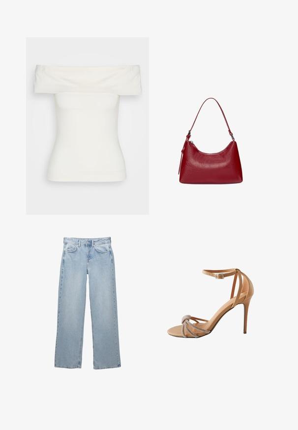 Valkoinen olkaimeton toppi, joka on valmistettu venyvästä kankaasta, vartaloa myötäilevä muotoilu, sileä pinta, leveä pääntie ja lyhyet hihat. Ei kuviota tai asusteita.; Vaaleansiniset farkut, joissa on leveä lahjemuotoilu, nappi- ja vetoketjusuljenta, viisi taskua sekä vähäiset ompeluyksityiskohdat.; Korkean kantapään kengät nude-nahasta, joissa on solmittu etuosa ja strassikoristeet sekä ohut nilkkahihna, jossa on neliönmuotoinen solki.; Punokas nahkainen olkalaukku, jossa on kaareva muotoilu, sileä pinta ja vetoketjuluukku. Laukussa on ohut kantohihna.