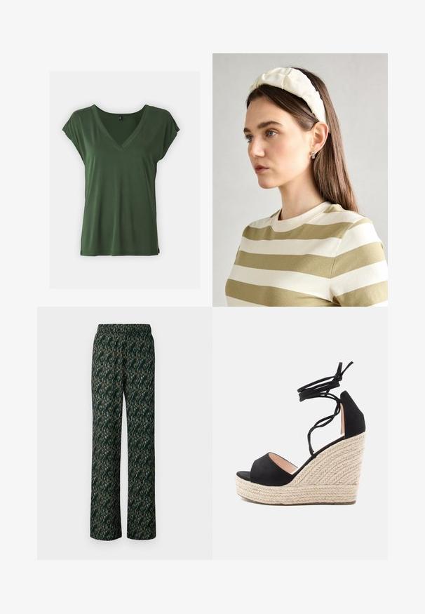 Tricou cu mânecă scurtă, de culoare verde închis, cu decolteu în V și textură moale. Design simplu, cu mâneci răsucite și croială lejeră.; Pantaloni evazați dintr-un material verde închis cu un model complicat, multicolor. Dispun de un brâu elastic pentru confort.; Sandale cu toc wedge din suede negru, cu platformă din iută împletită, având bretele încrucișate la glezne și un design cu vârful deschis.; Bandă de cap din material moale, de culoare crem, cu un design răsucit, purtată alături de o bluză în dungi bej și albă, cu guler rotund. Accente discrete din bijuterii.