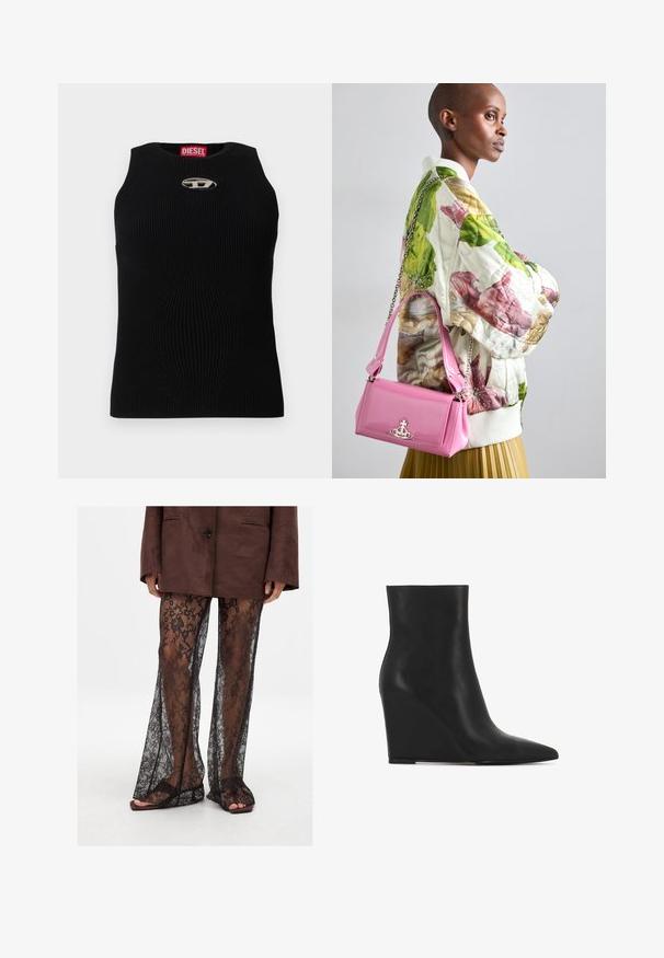 Débardeur noir à côtes avec un décolleté rond, présentant un logo Diesel argenté au centre. Le tissu est texturé et ajusté.; Pantalons évasés en dentelle noire avec un motif floral, texture transparente et ouvertures larges, associés à des sandales à glissière marron.; Bottines à talon noir en cuir texturé ; dotées d'un bout pointu et d'un design lisse et élégant avec une silhouette galbée.; Veste bomber matelassée à fleurs en vert, rose et beige ; accompagnée d'un sac à main rose brillant avec une bandoulière en chaîne et un matériel logo.
