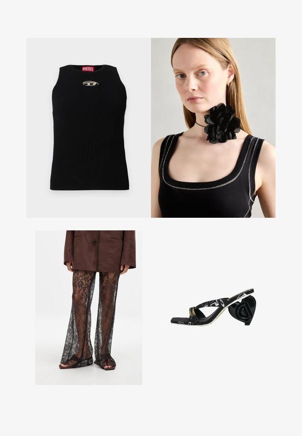 Musta ribattab tankkipaita pyöreällä pääntiellä, jossa on hopeinen Diesel-logo keskellä. Kangas on teksturoitu ja istuva.; Mustat pitsiset leveälahkeiset housut kukkakuviolla, läpikuultavalla pinnalla ja leveillä lahkeilla, yhdistettynä ruskeisiin liukuvien sandaaleihin.; Musta flip-flop, jossa on ristikkäiset hihnat, kuvioitu yläosa ja veistoksellinen musta sydämenmuotoinen korko, jossa on logotyyppitys.; Mustikka kukkaketju, joka koostuu kerroksista valmistetuista terälehdistä, käytetään mustan raidallisen tanktopin kanssa, jossa on hopeiset accentit kaula-aukossa ja olkapäissä.