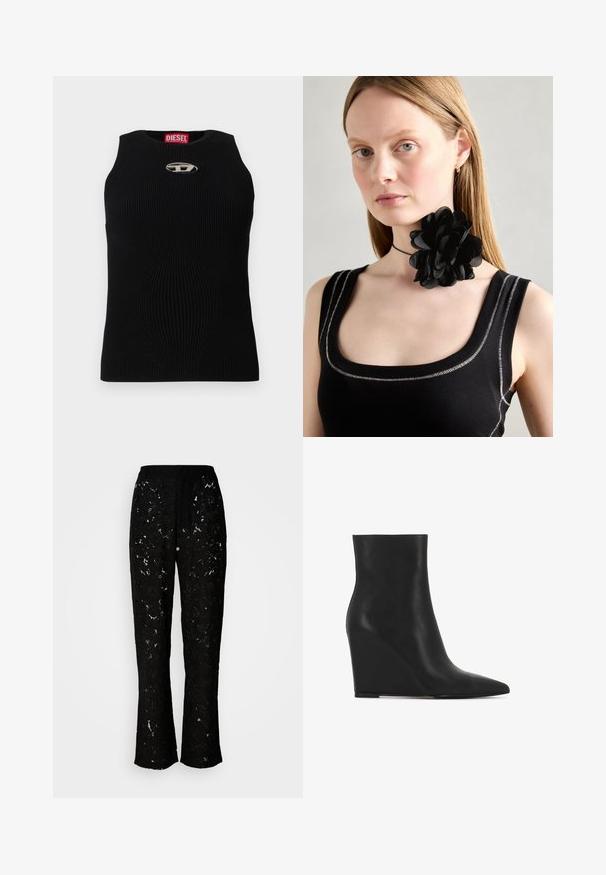 Melnas ribotas t-kreklis ar apaļu kakla izgriezumu, centrā ar sudraba Diesel logo. Audums ir teksturēts un pieguļošs.; Melnas mežģīņu bikses ar ziedu rakstu, plašu kāju dizainu un gludu tekstūru. Aprīkotas ar jostu un plūstošu siluetu.; Melnas šķautnītes anklas zābaki, kas izgatavoti no teksturētas ādas; iekļauj norādītu purngalu un gludu, elegantu dizainu ar kontūrveida siluetu.; Melnā ziedu kaklarota, kas izgatavota no kārtainām ziedlapām, valkāta kopā ar melnu ribotu topu ar sudraba akcentiem apkakles un plecu daļā.