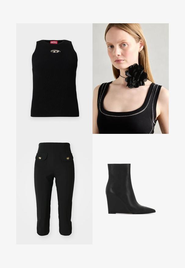 Camiseta sin mangas negra de canalé con escote redondo, que presenta un logo plateado de Diesel en el centro. La tela es texturizada y ajustada.; Pantalones ajustados negros de corte slim con dos bolsillos frontales y botones dorados, textura suave y longitud cropped. Diseño clásico para un uso versátil.; Botín de tobillo negro con cuña, hecho de cuero texturizado; presenta una punta afilada y un diseño liso y elegante con una silueta contorneada.; Collar tipo choker de flores negras hecho de pétalos superpuestos, que se lleva con una camiseta sin mangas negra de canalé con acentos plateados a lo largo del escote y los hombros.