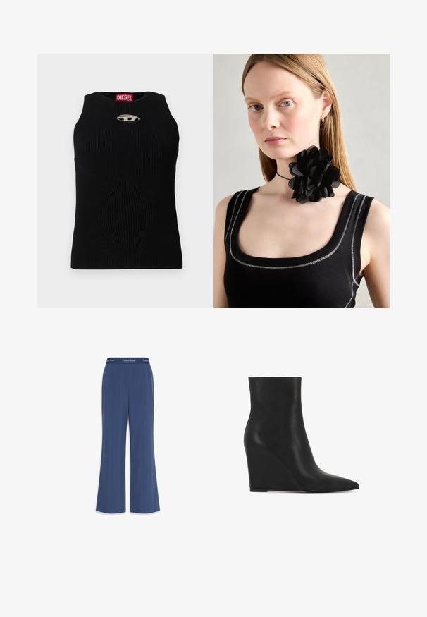 Črni rebrasti top brez rokavov z okroglim izrezom, na sredini pa se nahaja srebrni logo Diesel. Tkanina je teksturirana in prilegajoča.; Morske široke hlače iz mehkega blaga z gladko teksturo. Imajo elastiko v pasu z logotipom "Calvin Klein" na vrhu.; Črne gležnjarje na wedge peto iz teksturirane usnje; imajo koničast nos in gladko, elegantno obliko z oblinami.; Črna cvetna choker ovratnica iz plastičenih cvetnih listov, oblečena z črnim rebrastim topom, ki ima srebrne detajle ob izrezu in ramenih.