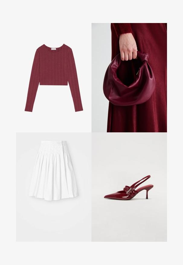 Burgundská dlouhá crop top s dlouhým rukávem vyrobená z ribkované látky s kulatým výstřihem a texturovanými vertikálními liniemi, s přiléhavým střihem.; Bílá plisovaná sukně s přiléhavým pasem, která má boční zapínání na knoflík a hladkou, crisp texturu.; Červené lakované kožené lodičky na podpatku s špičatou špičkou, dvěma přezkami a štíhlým, středně vysokým jehlovým podpatkem. Hladký povrch.; Burgundská kožená kabelka s měkkým, nabíraným designem a zaobleným tvarem. Ucho je zajištěné a vykazuje hladkou texturu.
