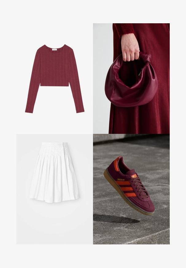Bordo dolgimi rokavi skrajšan top iz rebraste tkanine z okroglim izrezom in teksturiranimi vertikalnimi črtami, ki ima prilegajočo silhueto.; Bela nabrana krila s prilegačim pasom, ki ima gumbno zapiranje na strani in gladko, čisto teksturo.; Bordo semišni čevlji z oranžnimi črtami in poudarki, rjavimi vezalkami in gumijastim podplatom. Imajo značko na ježku.; Bordo usnjeni ročni torbici s mehak, nabrana zasnova in okrogla oblika. Ročaj je varen in prikazuje gladko teksturo.