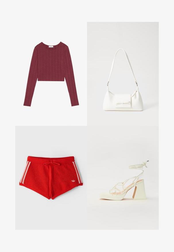 Bordo dolgimi rokavi skrajšan top iz rebraste tkanine z okroglim izrezom in teksturiranimi vertikalnimi črtami, ki ima prilegajočo silhueto.; Rdeče pletene kratke hlače z rebrastim pasom, vrvico in belimi stranskimi črtami. Imajo majhno belo logo na sprednji levi strani.; Bela sandala na visokih petah s debelim petam, ki ima obliko trakcev in vezanje okoli gležnja. Gladka tekstura z platformo spredaj za dodatno višino.; Bela sintetična torbica v obliki trikotnika, z ravnim sprednjim poklopcem in detajlom mašne, nastavljivim trakom, gladko teksturo in minimalističnim dizajnom.