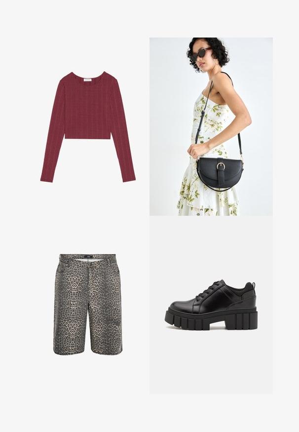 Burgundia pika varrukatega lühike topp, mis on valmistatud ribakangast, ümmarguse kaeluse ja tekstuursete vertikaalliinidega, omades keha läheduse siluetti.; Zizzi Lühikesed teksad - leopard; Must musta platvormsussid paksu plokkninal, ümmarguse varbaga ja traditsioonilise nööridega kinnitamisega. Sussid on sileda tekstuuriga ja minimaalsete detailidega.; Mustmust mustraha kõverate joontega, eemaldatava rihmaga ja kuldsete detailidega. Kotil on klapp, millel on pandladetail.