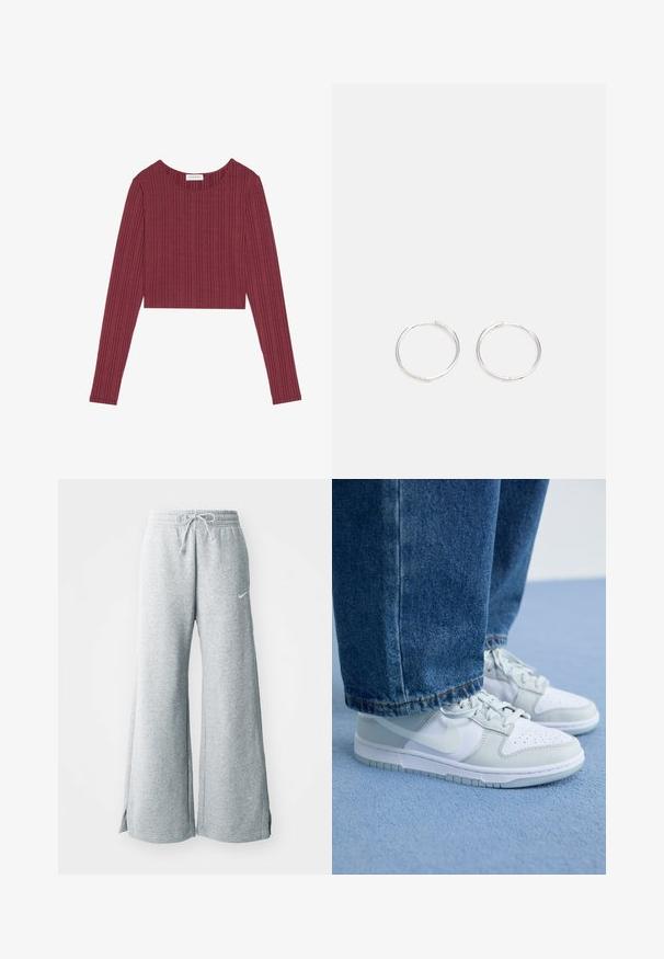 Burgundská dlouhá crop top s dlouhým rukávem vyrobená z ribkované látky s kulatým výstřihem a texturovanými vertikálními liniemi, s přiléhavým střihem.; Světlé šedé tepláky vyrobené z měkké tkaniny, s páskem na šňůrku, širokými nohavicemi a bočními rozparky. Logo Nike jemně zobrazeno.; Nike tenisky v bílé a světle šedé kůži s perforovanou špičkou, plochými tkaničkami a gumovou podrážkou, spárovány s modrými džíny.; Stříbrné kruhové náušnice s elegantním, kulatým designem, s hladkým povrchem a bez viditelných ozdob. Průměr není specifikován.