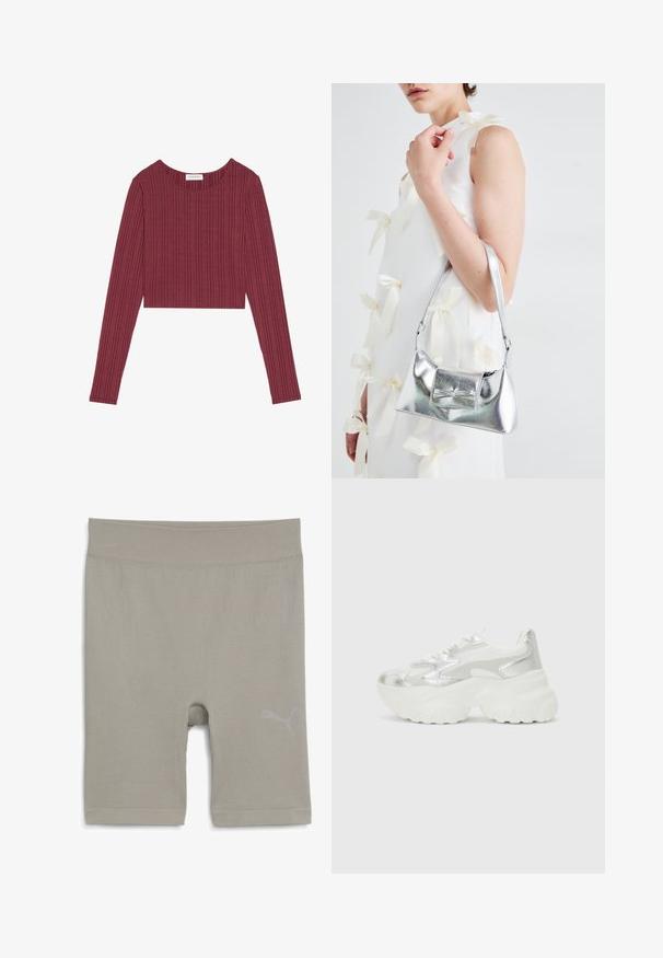 Burgundi hosszú ujjú cropped top bordázott anyagból, kerek nyakkivágással és texturált függőleges vonalakkal, illeszkedő szabással.; Világosszürke bordázott sportnadrág sima felülettel, a jobb alsó oldalon logóval és középmagasságú szabással.; Ezüst színű sportcipő, texturált hálós felsőrésszel és irizáló díszítésekkel, tömbös fehér talppal és fűzős záródással.; Ezüst fémes kézitáska, struktúrált formával, felső fogantyúval és masnis részlettel az elején. Simaságával és fényes felületével tűnik ki.