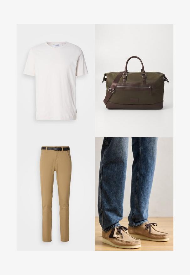 White short-sleeve t-shirt with subtle horizontal stripes, crew neck, soft texture, and a small logo tag on the side.; Khaki pants with a slim fit design, crafted from smooth fabric. Features a black belt, two front pockets, and a straight leg cut.; Suede moccasins in tan with dark brown accent, rounded toe, and plush white sole. Features lace-up design and stitched detailing.; Canvas duffel bag in olive green with brown leather accents, featuring dual handles, a detachable shoulder strap, and a front zipper pocket.